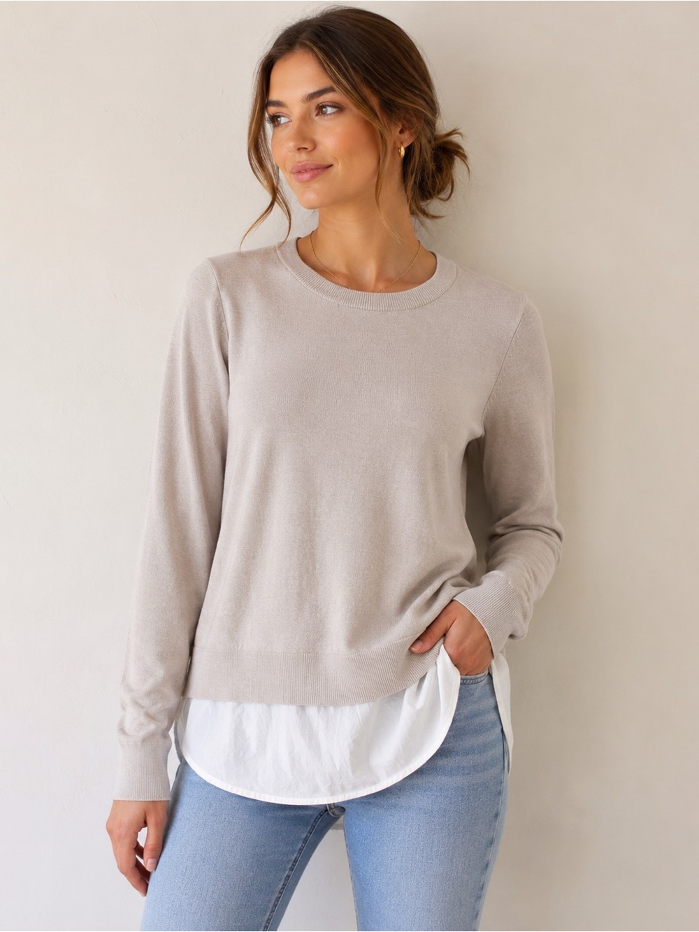 Madewell Beige Layered Hem Sweater Size 100% Cotton Preppy Minimalist Tunic Top